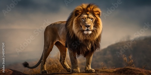 Portrait lion standing on the hills with light exposure AI Generative