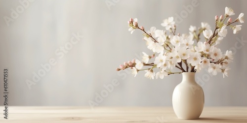 Beautiful vase of cherry blossom flowers on the table with sun exposure