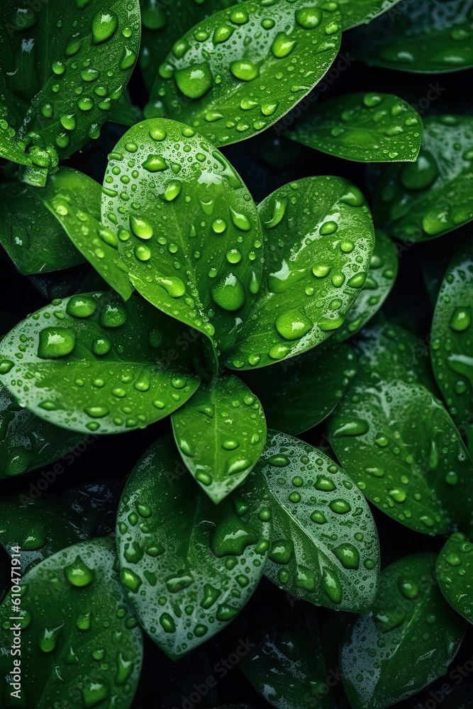 Fototapeta premium top view fresh green leaves with raindrops texture
