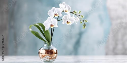 Beautiful vase of orchid flowers on the table with light exposure AI Generative