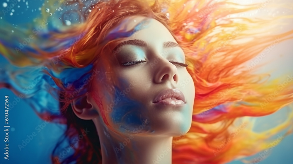 Art Portrait of a beautiful woman with make-up and colorful 3d rendered splashes on background. Portrait of  attractive girl  with colorful splashes on blue background.  Beauty, Fashion. AI generated.