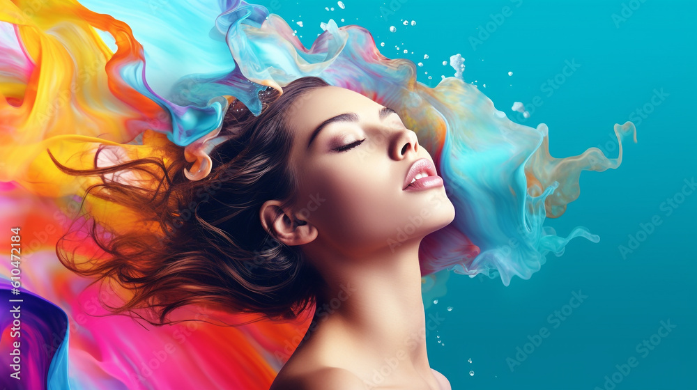 Art Portrait of a beautiful woman with make-up and colorful 3d rendered splashes on background. Portrait of  attractive girl  with colorful splashes on blue background.  Beauty, Fashion. AI generated.