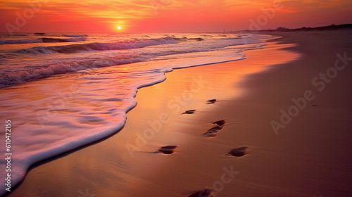 A fiery sunset paints the sky in shades of orange and pink as the ocean waves gently crash onto the beach  leaving footprints in the golden sand