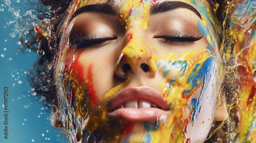 Art Portrait of a beautiful woman with bright makeup and colorful water splashes. Portrait of a attractive girl with colorful splashes on her face. Concept - Beauty, Cosmetics, Makeup. AI generated.