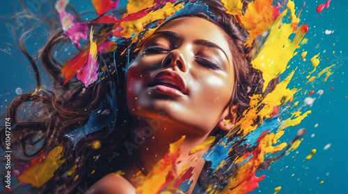 Art Portrait of a beautiful woman with bright makeup and colorful water splashes. Portrait of a attractive girl  with colorful splashes on her face. Concept - Beauty, Cosmetics,  Makeup. AI generated. © Valua Vitaly