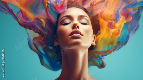 Art Portrait of a beautiful woman with make-up and colorful 3d rendered splashes on background. Portrait of attractive girl with colorful splashes on blue background. Beauty, Fashion. AI generated.