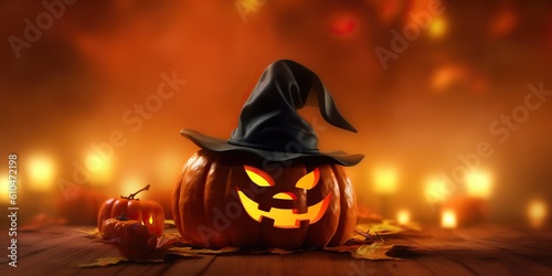 Illustration jack o lantern with hat on the wooden table  AI Generative