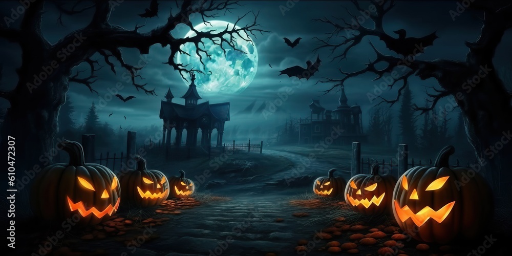 Happy halloween pumpkins and castle spooky in night made with Generative AI Happy halloween pumpkins and castle spooky in night made with Generative AI