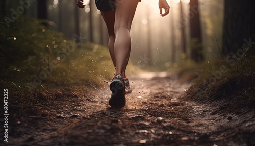 Trail runner running on a forest path at dawn with abstract bokeh light, Generative AI