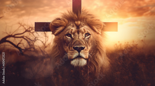 Photo leão e a cruz de jesus, crucifixo, simbolo da fé cristã