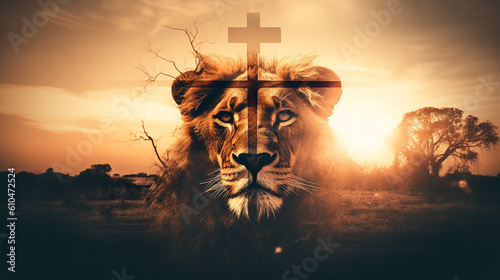 Fotografia leão e a cruz de jesus, crucifixo, simbolo da fé cristã