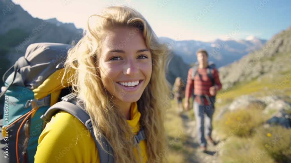 a young adult woman with a backpack on a mountain with a view of a valley and a mountain, nature and hiking, wanderlust, camping and hiking