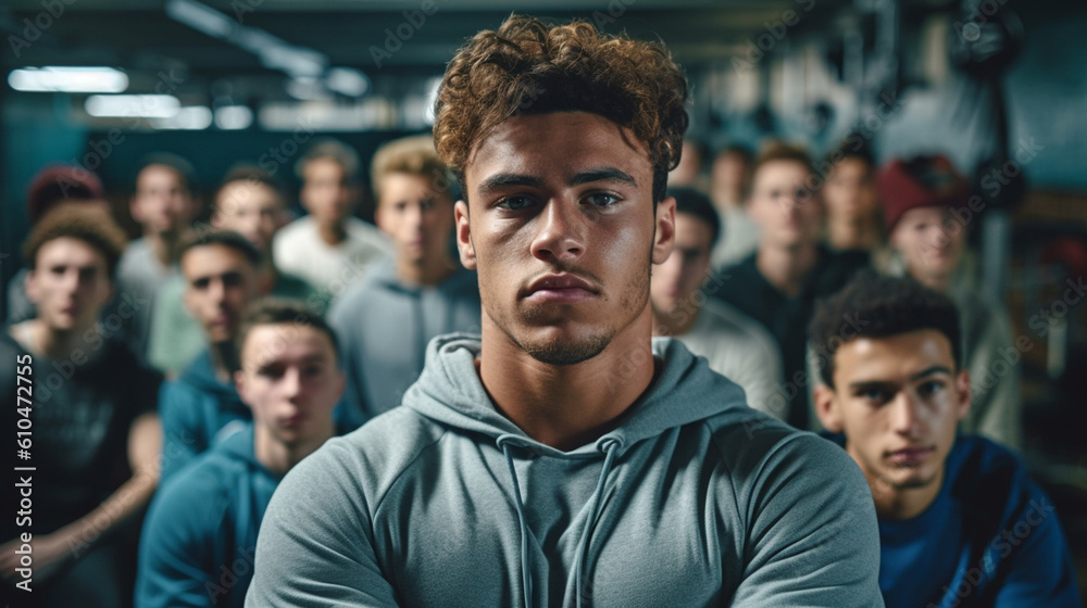 adult man with broad shoulders and strong, large muscles, black, dark-skinned man, in a tight shirt, friends in the background, athletically fit and well-trained