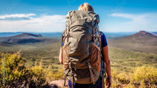 Rear view of a young adult woman with backpack on a mountain with a view of a valley and a mountain, nature and hiking, wanderlust, camping and hiking, alone in nature, adventure and wilderness