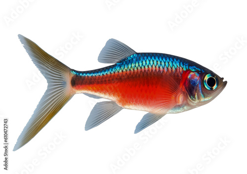 Neon tetra fish isolated on transparent background. Generative AI.