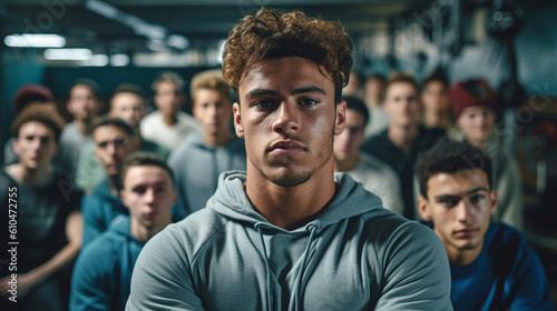adult man with broad shoulders and strong, large muscles, black, dark-skinned man, in a tight shirt, friends in the background, athletically fit and well-trained