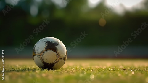 a soccer ball in a regular local small soccer stadium, abstract fictional colors, lying on the grass in the soccer field, empty grandstand © wetzkaz