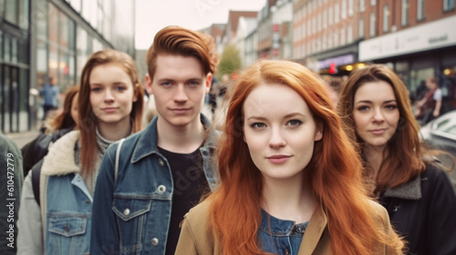 group of young people, young adults or teenagers, in a city, fictional place