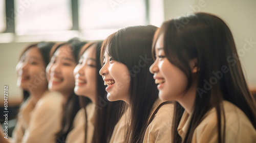 young adult asian teenager teens girls or women wearing school uniform, , fictional place, happy smiling and satisfied, friends group or class