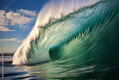 Mavericks: The Power of Nature Unleashed in a Majestic Wave at a Surfing Hotspot. Generative AI