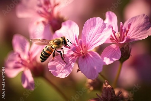 Honey Bee on Flowering Geranium Maculatum - A Beautiful Wild Flower for Your Garden and Herb Garden. Generative AI © AIGen