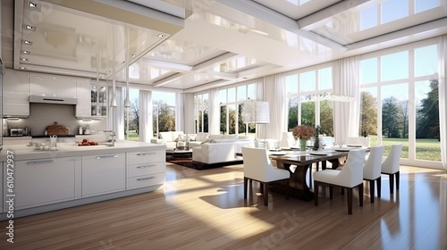 Luxurious White Interior Design for Modern Kitchen, Dining, and Living Room in One Space - Home Luxury Design. Generative AI