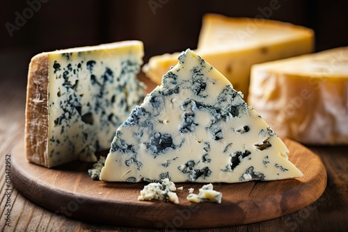 Mold Cheese Delight - Blue Cheese Gorgonzola with Rich Aroma of Ageing on Rustic Wooden Background. Generative AI