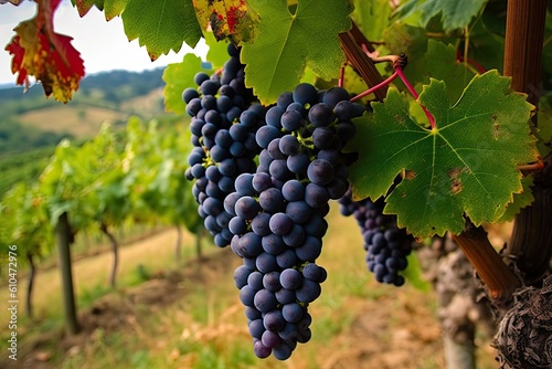Tempranillo Grapes Maturing on Green Vines in Basque Countryside Vineyard of Winery. Generative AI photo