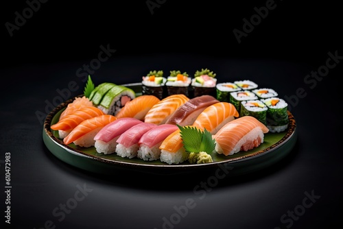 Traditional Japanese Sushi Set with Sashimi, Shrimp and Salmon - A Delicious Meal with Green and Red Accents. Generative AI