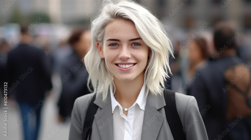 Young adult woman with dyed blonde hair, wearing a light gray business suit, in a city, other people in the background, blurred background