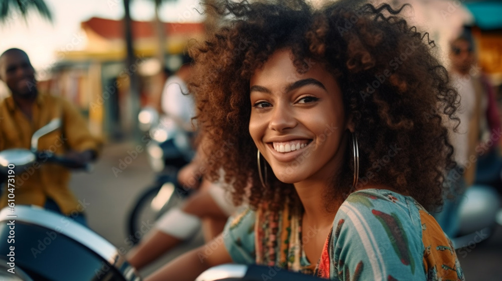 young adult woman, multiracial tanned, fun and joy, tropical location, on a scooter, fictional location young adult woman, multiracial tanned, fun and joy, tropical location, on a scooter, fictional location