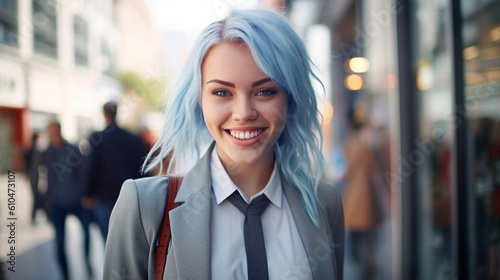 Young adult woman with dyed blue hair, wearing a light gray business suit, in a city, other people in the background, blurred background, having fun joy contentment, everyday or city life, successful