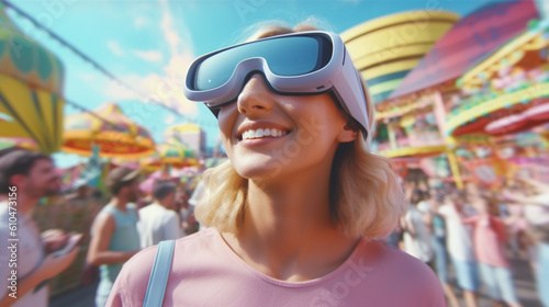 VR glasses, virtual reality glasses, goggles, content and happy, young adult woman enjoys a virtual reality travel vacation, fictional place