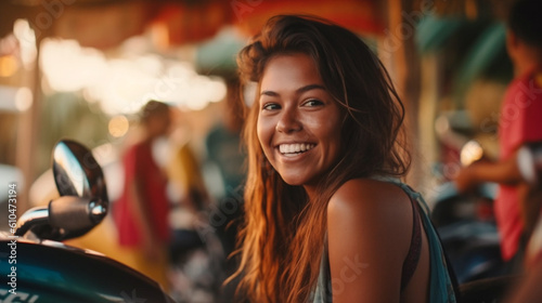 young adult woman, multiracial tanned, fun and joy, tropical location, on a scooter, fictional location