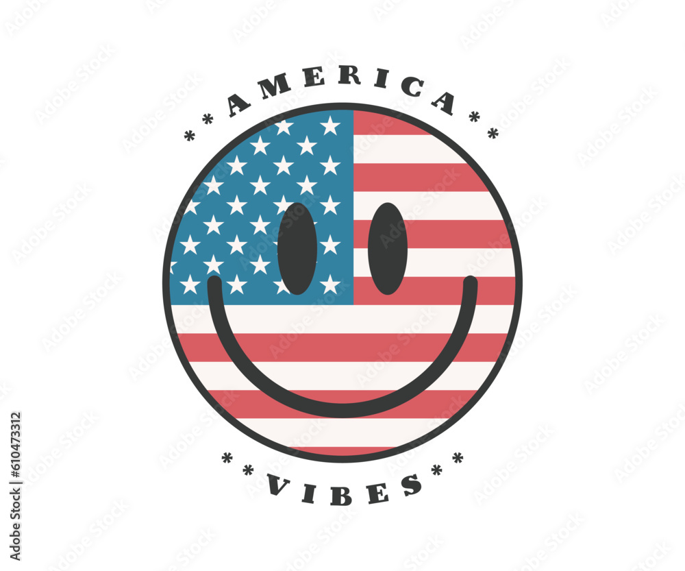 America Vibes, Smily Cute Cartoon Face, red white and blue, american flag, USA Independence Day, Print on T-Shirt, Mug, sticker and so many apparel clothing Items. 