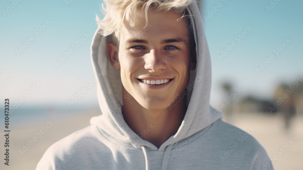 young adult male or teenager with dyed blond hair, light gray hoodie, outdoor free time or weekend or afternoon, fictional location young adult male or teenager with dyed blond hair, light gray hoodie, outdoor free time or weekend or afternoon, fictional location