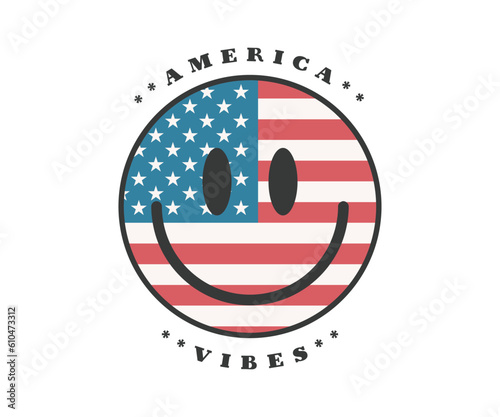 America Vibes, Smily Cute Cartoon Face, red white and blue, american flag, USA Independence Day, Print on T-Shirt, Mug, sticker and so many apparel clothing Items. 