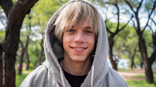 young adult male or teenager with dyed blond hair, light gray hoodie, outdoor free time or weekend or afternoon, fictional location