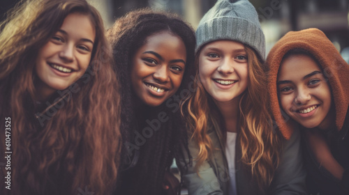 young teenagers, underage teenagers, outside in autumn clothes with hat and jacket, friends multicultural multiracial multiethnic, group or friends, classmates, schoolyard or fictional place