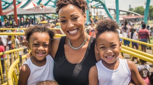 mature adult middle aged woman with her two children, daughters, daughter and mother, riding roller coaster roller coaster, fun joy and adrenaline rush