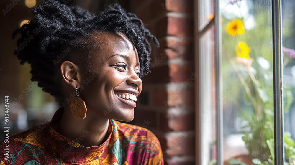 © wetzkaz - young adult african american or african black dark skinned woman with a smile and an updo wearing traditional colorful clothing indoor