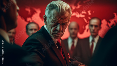 an all-important elite, conspiracy, conspiracy theory, abstract, in red tones with older gentlemen, men in suits and red ties in front of a world map, global influences photo