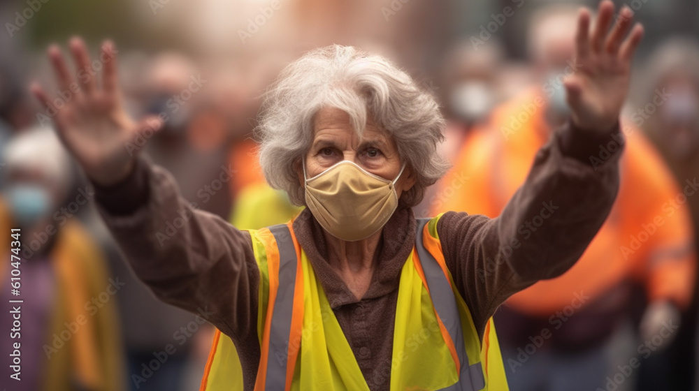 climate activists demonstrate and protest, in a big city on a wide street with buildings, masses protest, adult woman caucasian, crowd climate activists demonstrate and protest, in a big city on a wide street with buildings, masses protest, adult woman caucasian, crowd