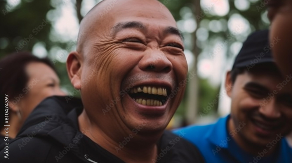 bad teeth, yellow teeth, an elderly middle-aged man, asians outside with friends, trees and a woman in the background, fictional place bad teeth, yellow teeth, an elderly middle-aged man, asians outside with friends, trees and a woman in the background, fictional place
