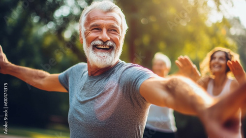 middle aged man with gray hair and gray beard cheering with hands up and people in the background, exercising in a park, outdoor fitness, outside, exercising and exercising, fictional location © wetzkaz