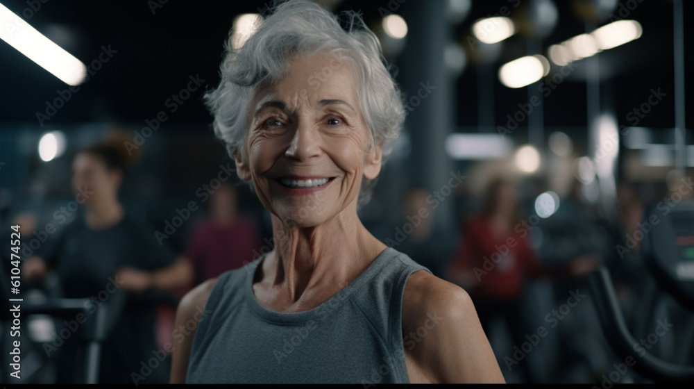 Fototapeta premium an elderly woman with gray hair does yoga sport or fitness with other people in group, blurred background, fictional place, gym or yoga room