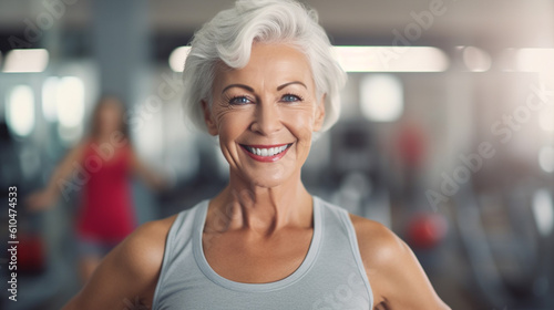 an elderly woman with gray hair does yoga sport or fitness with other people in group, blurred background, fictional place, gym or yoga room