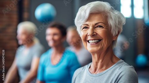 an elderly woman with gray hair does yoga sport or fitness with other people in group, blurred background, fictional place, gym or yoga room