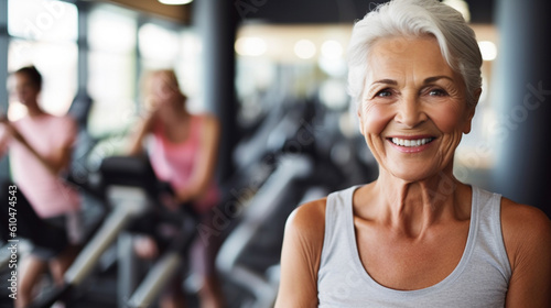 an elderly woman with gray hair does yoga sport or fitness with other people in group, blurred background, fictional place, gym or yoga room