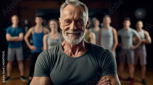 an elderly man with gray hair and full beard does yoga sport or fitness with other people in group, blurred background, fictional place, gym or yoga room